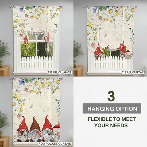 Gnomes Spring Floral Tie Up Curtains for Window, Daisy Pastoral Flowers Watercolor Thermal Insulated Balloon Shade Adjustable Rod Pocket Curtains Valance Panels for Kitchen Bathroom Café 42'' x 63'' in Kuwait