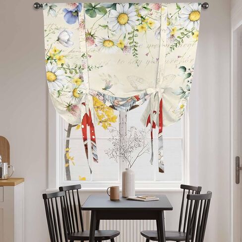 Gnomes Spring Floral Tie Up Curtains for Window, Daisy Pastoral Flowers Watercolor Thermal Insulated Balloon Shade Adjustable Rod Pocket Curtains Valance Panels for Kitchen Bathroom Café 42'' x 63'' in Kuwait