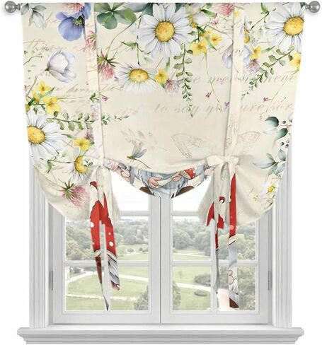 Gnomes Spring Floral Tie Up Curtains for Window, Daisy Pastoral Flowers Watercolor Thermal Insulated Balloon Shade Adjustable Rod Pocket Curtains Valance Panels for Kitchen Bathroom Café 42'' x 63'' in Kuwait
