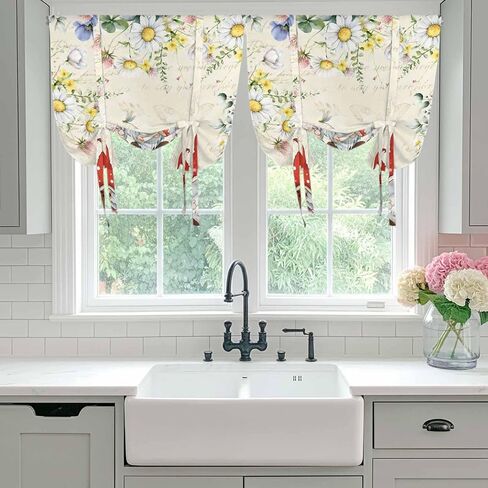 Gnomes Spring Floral Tie Up Curtains for Window, Daisy Pastoral Flowers Watercolor Thermal Insulated Balloon Shade Adjustable Rod Pocket Curtains Valance Panels for Kitchen Bathroom Café 42'' x 63'' in Kuwait