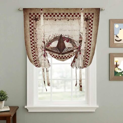 Western Star Retro Tie Up Curtains for Window, Country Texas Stars Res Buffalo Plaid Thermal Insulated Balloon Shade Adjustable Rod Pocket Curtains Valance Panels for Kitchen Bathroom Café 42'' x 45'' in Kuwait