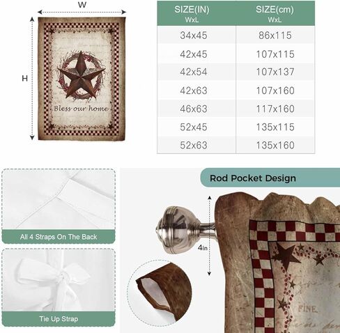 Western Star Retro Tie Up Curtains for Window, Country Texas Stars Res Buffalo Plaid Thermal Insulated Balloon Shade Adjustable Rod Pocket Curtains Valance Panels for Kitchen Bathroom Café 42'' x 45'' in Kuwait