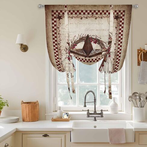 Western Star Retro Tie Up Curtains for Window, Country Texas Stars Res Buffalo Plaid Thermal Insulated Balloon Shade Adjustable Rod Pocket Curtains Valance Panels for Kitchen Bathroom Café 42'' x 45'' in Kuwait