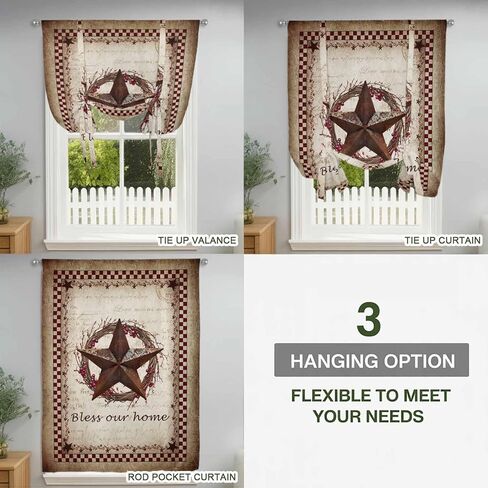 Western Star Retro Tie Up Curtains for Window, Country Texas Stars Res Buffalo Plaid Thermal Insulated Balloon Shade Adjustable Rod Pocket Curtains Valance Panels for Kitchen Bathroom Café 42'' x 45'' in Kuwait