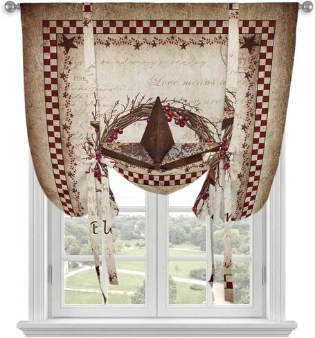 Western Star Retro Tie Up Curtains for Window, Country Texas Stars Res Buffalo Plaid Thermal Insulated Balloon Shade Adjustable Rod Pocket Curtains Valance Panels for Kitchen Bathroom Café 42'' x 45'' in Kuwait