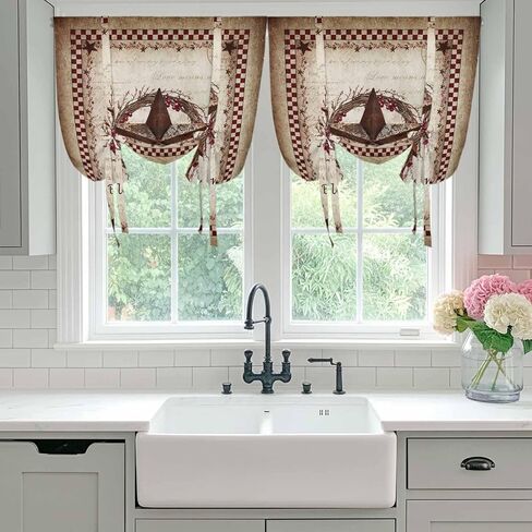 Western Star Retro Tie Up Curtains for Window, Country Texas Stars Res Buffalo Plaid Thermal Insulated Balloon Shade Adjustable Rod Pocket Curtains Valance Panels for Kitchen Bathroom Café 42'' x 45'' in Kuwait
