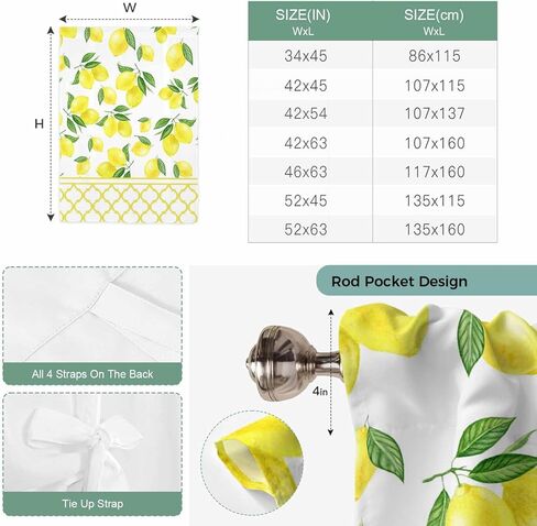 Yellow Lemon Tie Up Curtains for Window, Summer Botanical Watercolor Pastoral Thermal Insulated Balloon Shade Adjustable Rod Pocket Curtains Valance Panels for Kitchen Bathroom Café 52'' x 45'' in Kuwait