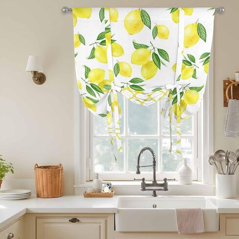 Yellow Lemon Tie Up Curtains for Window, Summer Botanical Watercolor Pastoral Thermal Insulated Balloon Shade Adjustable Rod Pocket Curtains Valance Panels for Kitchen Bathroom Café 52'' x 45'' in Kuwait