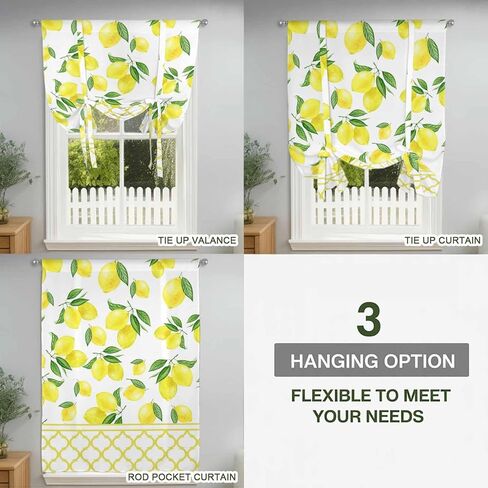 Yellow Lemon Tie Up Curtains for Window, Summer Botanical Watercolor Pastoral Thermal Insulated Balloon Shade Adjustable Rod Pocket Curtains Valance Panels for Kitchen Bathroom Café 52'' x 45'' in Kuwait