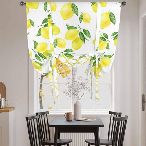 Yellow Lemon Tie Up Curtains for Window, Summer Botanical Watercolor Pastoral Thermal Insulated Balloon Shade Adjustable Rod Pocket Curtains Valance Panels for Kitchen Bathroom Café 52'' x 45'' in Kuwait