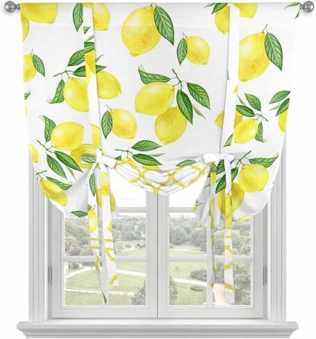 Yellow Lemon Tie Up Curtains for Window, Summer Botanical Watercolor Pastoral Thermal Insulated Balloon Shade Adjustable Rod Pocket Curtains Valance Panels for Kitchen Bathroom Café 52'' x 45'' in Kuwait
