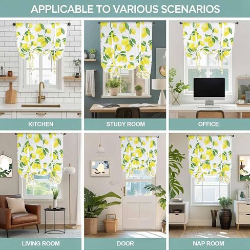 Yellow Lemon Tie Up Curtains for Window, Summer Botanical Watercolor Pastoral Thermal Insulated Balloon Shade Adjustable Rod Pocket Curtains Valance Panels for Kitchen Bathroom Café 52'' x 45'' in Kuwait