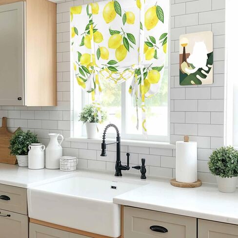 Yellow Lemon Tie Up Curtains for Window, Summer Botanical Watercolor Pastoral Thermal Insulated Balloon Shade Adjustable Rod Pocket Curtains Valance Panels for Kitchen Bathroom Café 52'' x 45'' in Kuwait