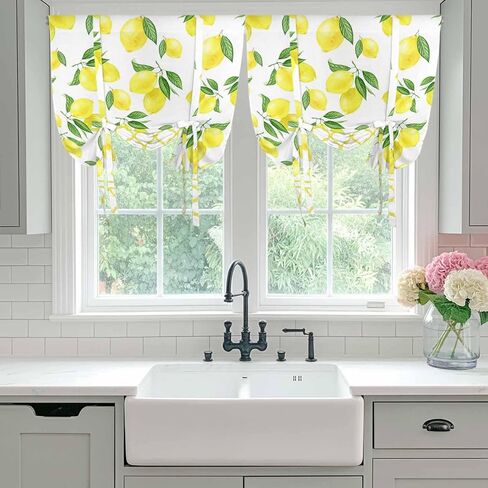 Yellow Lemon Tie Up Curtains for Window, Summer Botanical Watercolor Pastoral Thermal Insulated Balloon Shade Adjustable Rod Pocket Curtains Valance Panels for Kitchen Bathroom Café 52'' x 45'' in Kuwait