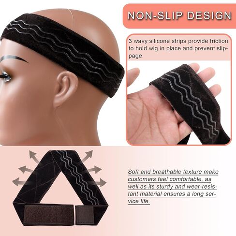 Wig Grip Band Flexible Velvet Scarf Adjustable Comfort Band Headband Wig Comfort Non-Slip Adjustable Fasten Wig Bands with Wavy Silicone (Dark Brown) in Kuwait