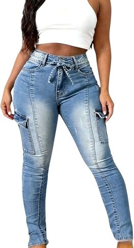 Skinny Cargo Pants Women High Waisted Jeans Stretch Fashion Casual Butt Lifting with A Bow in Saudi Arabia