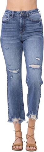 Judy Blue High Waisted Destroyed Cropped Straight Jeans for Women's Distressed Destroyed Straight Leg Denim with Frayed Hem in Saudi Arabia