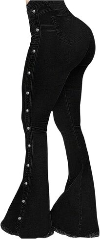 WDIRARA Women's Button Side Flare Jeans High Waisted Raw Hem Bell Bottom Denim Pants in Saudi Arabia