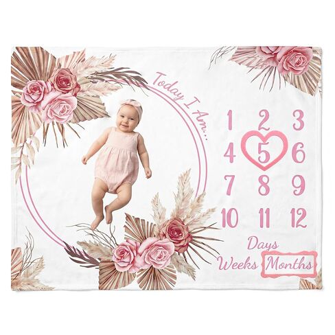 بطانية مايلستون الشهرية للطفلة - بطانية مايلستون من الصوف الناعم لأشهر الأطفال حديثي الولادة، خلفية تصوير الأزهار للسنة الأولى للطفل، بطانية مايلستون ديكور الحضانة، 50 بوصة × 40 بوصة in Kuwait