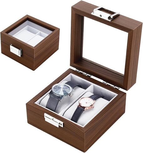 AHANDMAKER Natural Walnut Watch Box 2 Slot Watch Display Storage Case Square Portable Wristwatch Package Boxes Watch Travel Case with Glass Lid Removable Pillows for Men Woman Jewelry Holder Organizer in Saudi Arabia