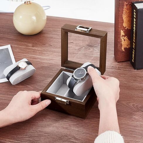 AHANDMAKER Natural Walnut Watch Box 2 Slot Watch Display Storage Case Square Portable Wristwatch Package Boxes Watch Travel Case with Glass Lid Removable Pillows for Men Woman Jewelry Holder Organizer in Saudi Arabia