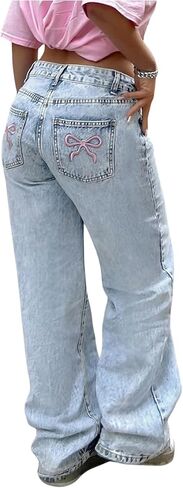 SweatyRocks Women's Y2k Bow Embroidery Jeans Straight Leg Boyfriend Denim Long Pants in Saudi Arabia
