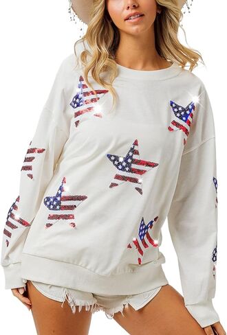 Womens Casual Pullover Sweatshirt Patriotic American Flag Stars Print Relaxed Fit Holiday Festival Top White in Kuwait