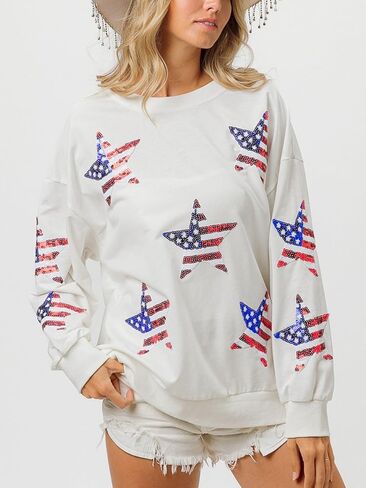 Womens Casual Pullover Sweatshirt Patriotic American Flag Stars Print Relaxed Fit Holiday Festival Top White in Saudi Arabia