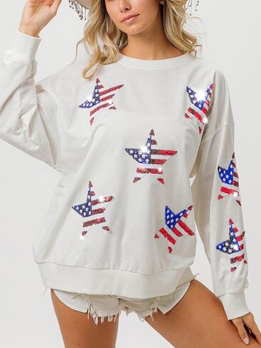 Womens Casual Pullover Sweatshirt Patriotic American Flag Stars Print Relaxed Fit Holiday Festival Top White in Saudi Arabia