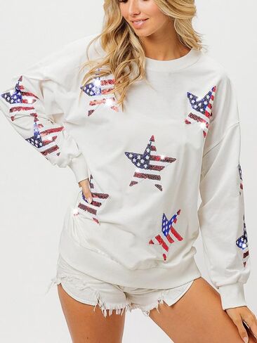 Womens Casual Pullover Sweatshirt Patriotic American Flag Stars Print Relaxed Fit Holiday Festival Top White in Saudi Arabia