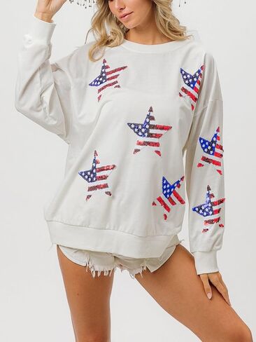 Womens Casual Pullover Sweatshirt Patriotic American Flag Stars Print Relaxed Fit Holiday Festival Top White in Saudi Arabia