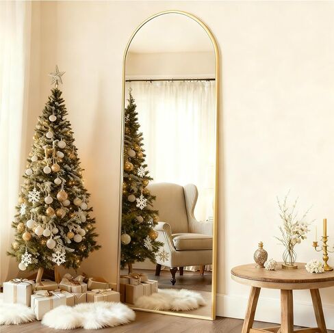 MISSDAY 64"x21" Arched Full Length Mirror, Gold Full Body Mirror with Stand, Floor Mirror Long Free Standing, Leaning or Hanging, Aluminum Thin Frame Wall-Mounted Mirrors Wall Mirrors for Bedroom in Kuwait