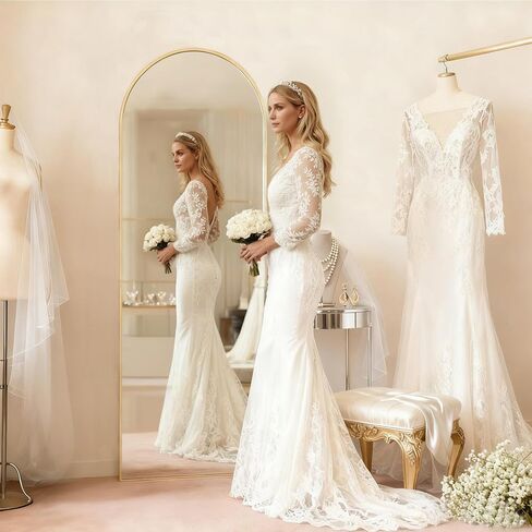 MISSDAY 64"x21" Arched Full Length Mirror, Gold Full Body Mirror with Stand, Floor Mirror Long Free Standing, Leaning or Hanging, Aluminum Thin Frame Wall-Mounted Mirrors Wall Mirrors for Bedroom in Kuwait