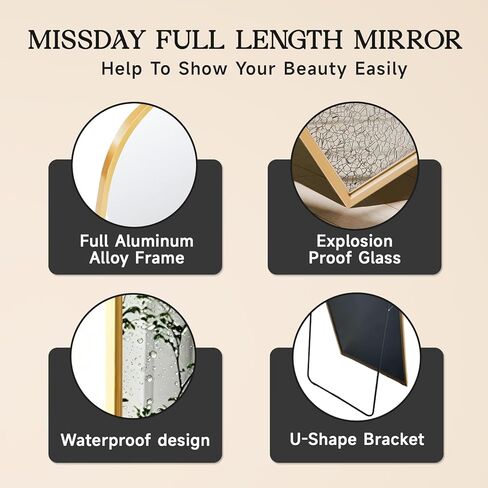 MISSDAY 64"x21" Arched Full Length Mirror, Gold Full Body Mirror with Stand, Floor Mirror Long Free Standing, Leaning or Hanging, Aluminum Thin Frame Wall-Mounted Mirrors Wall Mirrors for Bedroom in Kuwait