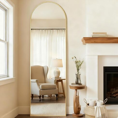MISSDAY 64"x21" Arched Full Length Mirror, Gold Full Body Mirror with Stand, Floor Mirror Long Free Standing, Leaning or Hanging, Aluminum Thin Frame Wall-Mounted Mirrors Wall Mirrors for Bedroom in Kuwait