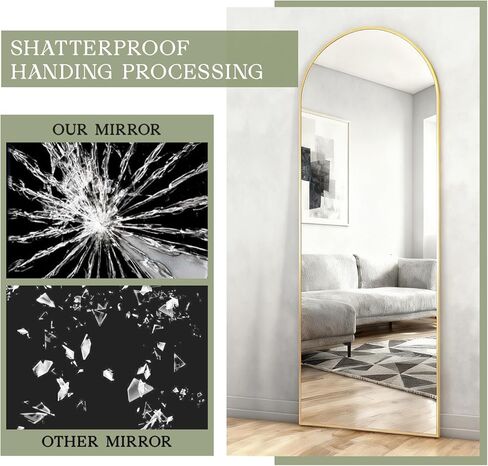 MISSDAY 64"x21" Arched Full Length Mirror, Gold Full Body Mirror with Stand, Floor Mirror Long Free Standing, Leaning or Hanging, Aluminum Thin Frame Wall-Mounted Mirrors Wall Mirrors for Bedroom in Kuwait