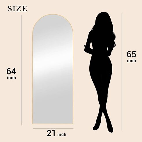 MISSDAY 64"x21" Arched Full Length Mirror, Gold Full Body Mirror with Stand, Floor Mirror Long Free Standing, Leaning or Hanging, Aluminum Thin Frame Wall-Mounted Mirrors Wall Mirrors for Bedroom in Kuwait