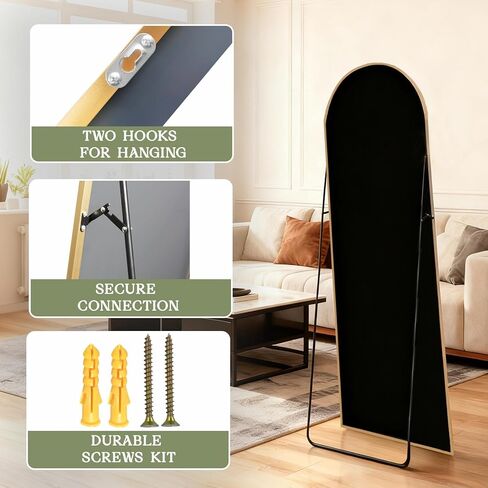 MISSDAY 64"x21" Arched Full Length Mirror, Gold Full Body Mirror with Stand, Floor Mirror Long Free Standing, Leaning or Hanging, Aluminum Thin Frame Wall-Mounted Mirrors Wall Mirrors for Bedroom in Kuwait