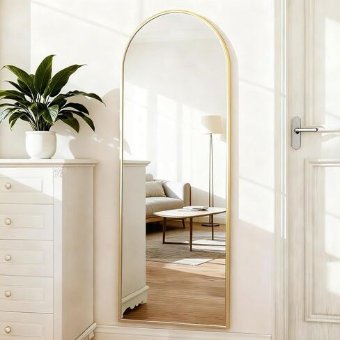 MISSDAY 64"x21" Arched Full Length Mirror, Gold Full Body Mirror with Stand, Floor Mirror Long Free Standing, Leaning or Hanging, Aluminum Thin Frame Wall-Mounted Mirrors Wall Mirrors for Bedroom in Kuwait