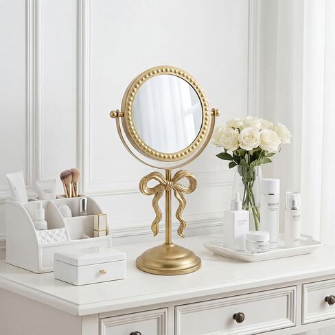 Novabright Golden Bow Vanity Makeup Mirror Tabletop One-Sided Mirror Vintage 7-inch Aesthetic Mirrors with Stable Base Swivel Design for Bedroom Dresser, Bathroom, Living Room & Dorm in Kuwait