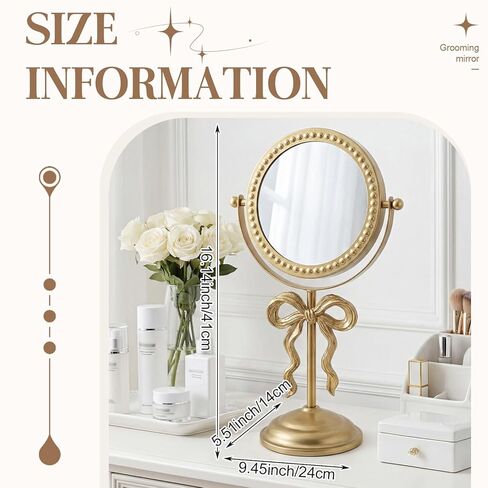 Novabright Golden Bow Vanity Makeup Mirror Tabletop One-Sided Mirror Vintage 7-inch Aesthetic Mirrors with Stable Base Swivel Design for Bedroom Dresser, Bathroom, Living Room & Dorm in Kuwait