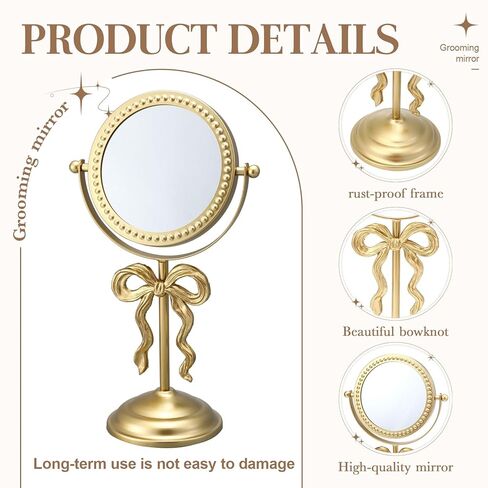 Novabright Golden Bow Vanity Makeup Mirror Tabletop One-Sided Mirror Vintage 7-inch Aesthetic Mirrors with Stable Base Swivel Design for Bedroom Dresser, Bathroom, Living Room & Dorm in Kuwait