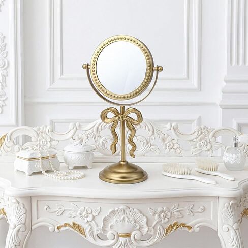 Novabright Golden Bow Vanity Makeup Mirror Tabletop One-Sided Mirror Vintage 7-inch Aesthetic Mirrors with Stable Base Swivel Design for Bedroom Dresser, Bathroom, Living Room & Dorm in Kuwait
