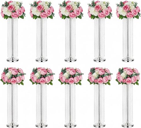 تقف زهرة ديكور الزفاف الفضية للقطع المركزية، ومزهريات الزهور الأنيقة مع بلورات أكريليك الثريا لقيادة الطريق، وتقف القطعة المركزية المعدنية بطول 27.5 بوصة لحفل زفاف وعيد الميلاد وديكور المنزل in Kuwait