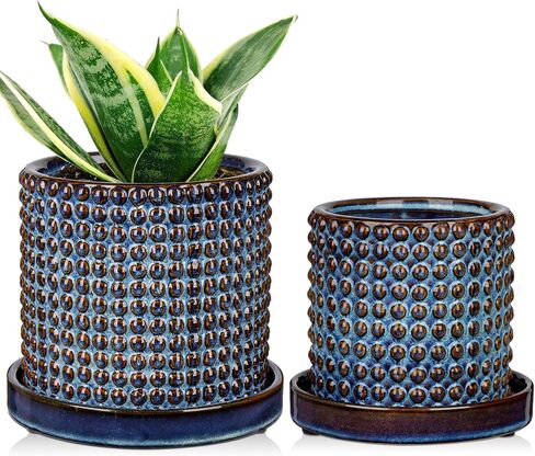DILATATA Set of 2 Ceramic Planter Pots with Drainage Hole and Saucer, Round Flower Pot Hobnail Modern Planter Pots for Indoor & Outdoor Plants - 4 Inch & 6 Inch, Blue in Kuwait