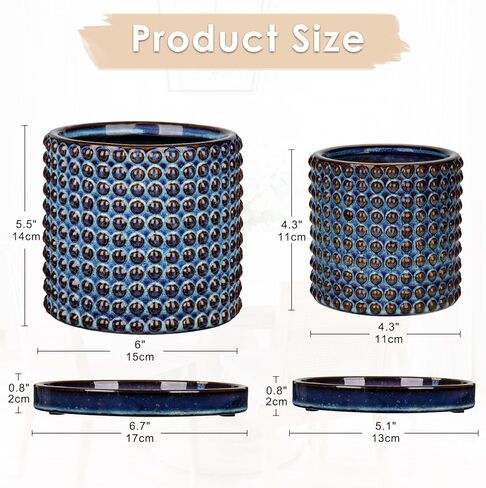 DILATATA Set of 2 Ceramic Planter Pots with Drainage Hole and Saucer, Round Flower Pot Hobnail Modern Planter Pots for Indoor & Outdoor Plants - 4 Inch & 6 Inch, Blue in Kuwait