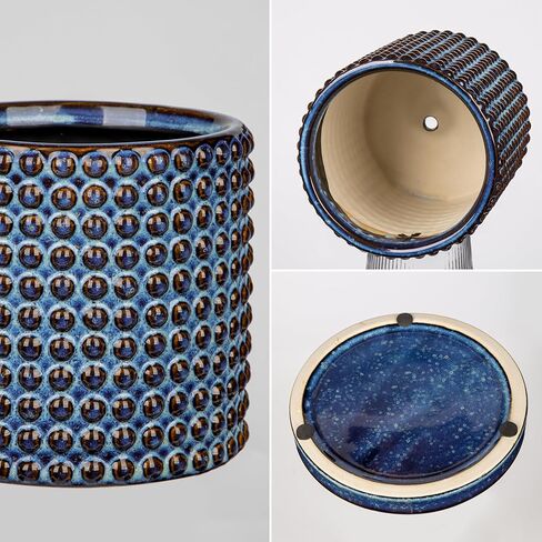 DILATATA Set of 2 Ceramic Planter Pots with Drainage Hole and Saucer, Round Flower Pot Hobnail Modern Planter Pots for Indoor & Outdoor Plants - 4 Inch & 6 Inch, Blue in Kuwait