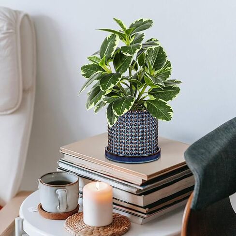DILATATA Set of 2 Ceramic Planter Pots with Drainage Hole and Saucer, Round Flower Pot Hobnail Modern Planter Pots for Indoor & Outdoor Plants - 4 Inch & 6 Inch, Blue in Kuwait