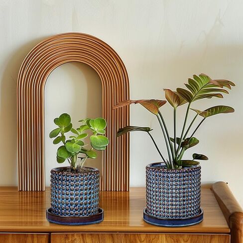 DILATATA Set of 2 Ceramic Planter Pots with Drainage Hole and Saucer, Round Flower Pot Hobnail Modern Planter Pots for Indoor & Outdoor Plants - 4 Inch & 6 Inch, Blue in Kuwait