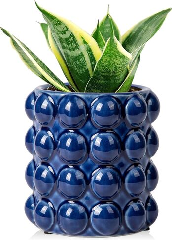 DILATATA Set of 2 Ceramic Planter Pots with Drainage Hole and Saucer, Round Flower Pot Hobnail Modern Planter Pots for Indoor & Outdoor Plants - 4 Inch & 6 Inch, Blue in Kuwait